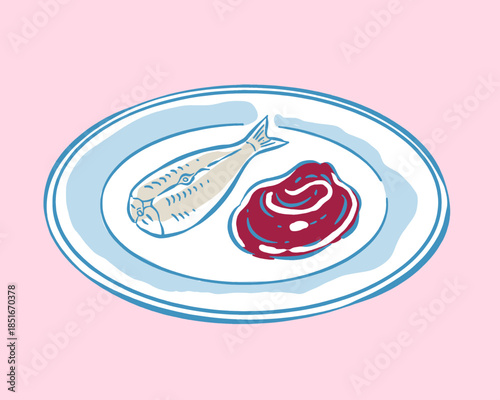 Simple food illustration, raw fish, meat, steak, seafood dish, white plate, blue rim, pink background, cartoon doodle style, retro art