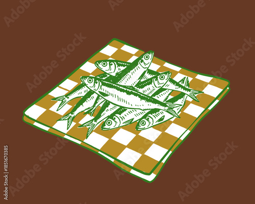 Sardines on checkered napkin illustration, fresh fish, seafood, vintage food print, Mediterranean, Portuguese cuisine, anchovy, woodcut style, graphic design