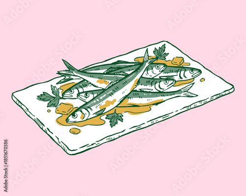 Sardines dish illustration, fish food retro art, seafood appetizer drawing, cooked small fish, parsley garnish, vintage kitchen graphic, healthy meal sketch, restaurant menu design