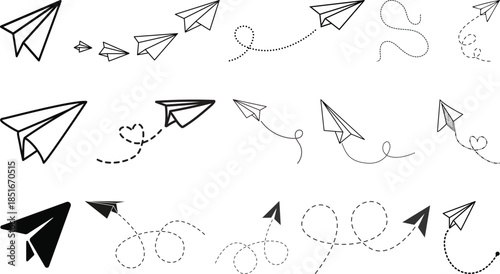 Vector set of hand drawn doodle paper airplane isolated on white background. Line icon symbol of travel and route. Vector icon.Paper plane with dotted line, Origami paper airplane, Travel symbol,