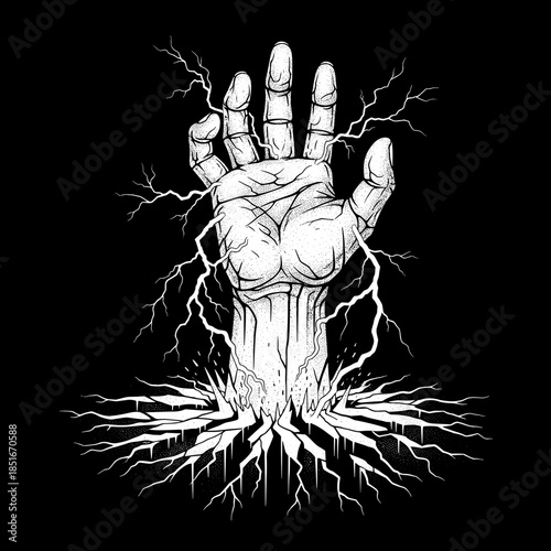 A hand emerging from the ground with lightning and roots.