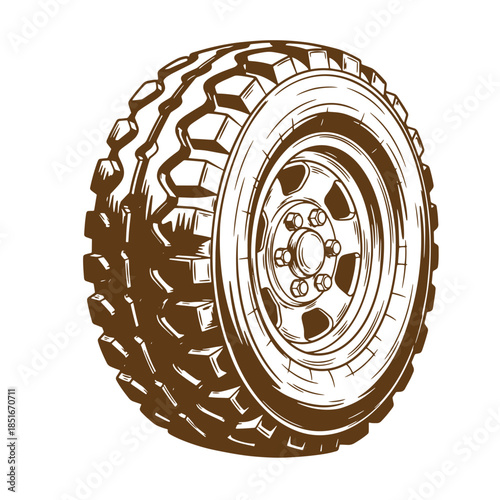 Detailed hand drawn illustration of a vintage off road tire and wheel design