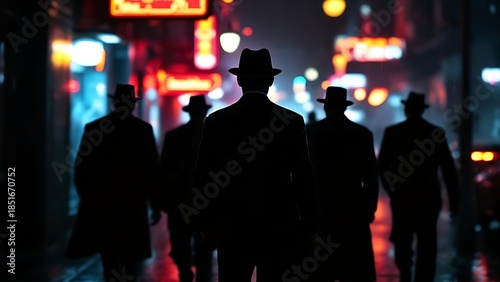 Shadowy Syndicate Gangsters Walking Down Neon Lit City Street.