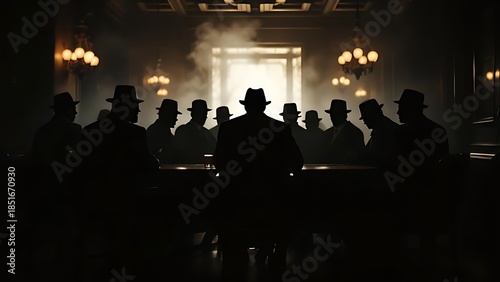 Gangster Meeting in Smoky Room 1920s Style Mafia Crime Syndicate.