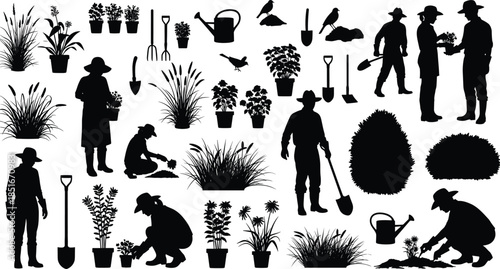 Gardening silhouettes collection with farmers plants tools outdoor work agriculture nature landscaping isolated black vector illustration design set bundle icons