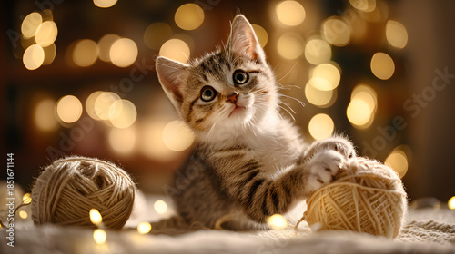 Playful tabby kitten playing with yarn in a warm cozy setting