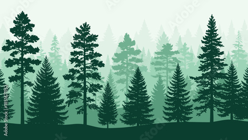 Green pine forest landscape background with layered trees misty nature scenery vector illustration wilderness outdoor environment design