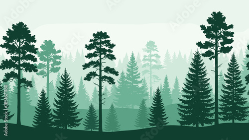 Layered forest landscape illustration with pine trees, misty green nature background, wilderness scenery vector design, tranquil outdoor environment artwork poster