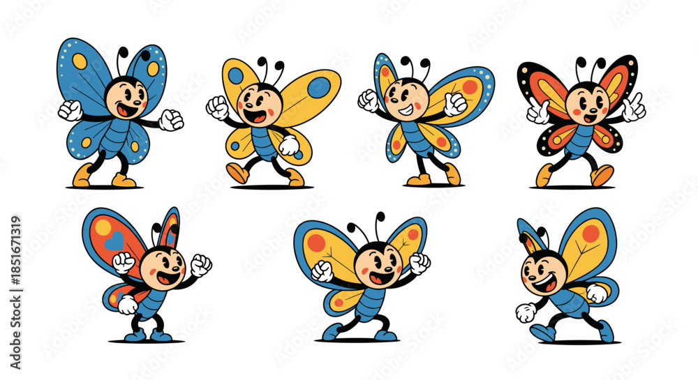 Obraz premium Set of cartoon butterflies in retro style.