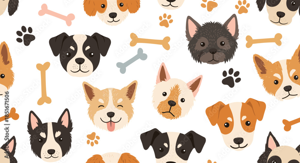 Fototapeta premium An adorable seamless pattern showcasing a variety of cartoon dog faces, paw prints, and scattered bones on a clean white background.