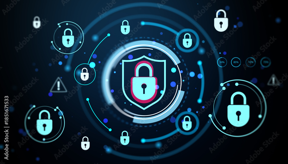 Obraz premium Digital padlock and shield symbols representing cybersecurity and data protection on futuristic virtual interface background. 3D Rendering