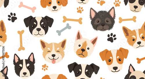 An adorable seamless pattern showcasing a variety of cartoon dog faces, paw prints, and scattered bones on a clean white background.