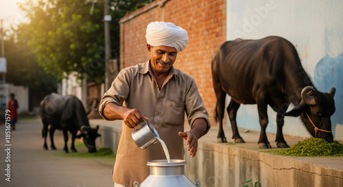 An Indian dairy farmer in traditional attire pours fresh milk from a small steel jug into a large milk can on a village street