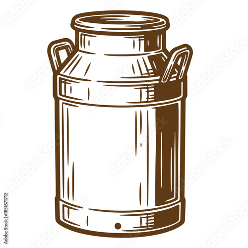 Detailed sketch of a vintage milk can in brown outlined style isolated on white