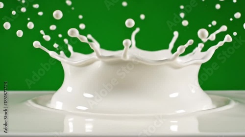 Milk splash exploding upward ultra-smooth creamy texture slow motion green screen background,