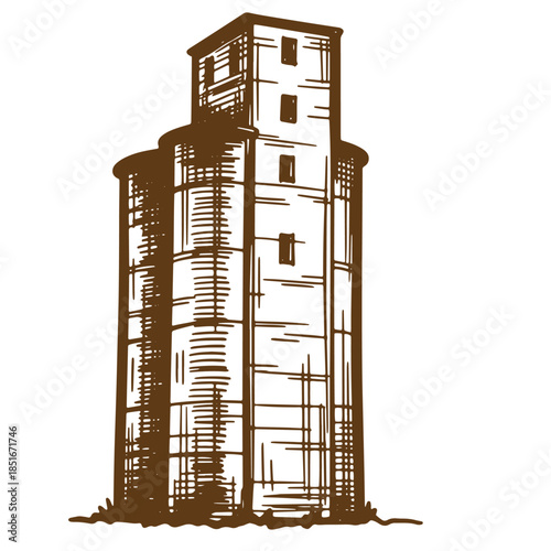 Detailed sketch of a vintage grain silo building brown and white isolated on white background