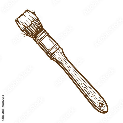 Detailed sketch of a vintage paintbrush with wooden handle and bristles isolated