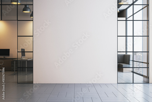 Blank wall in modern office interior with glass partitions and city view through windows, ideal for mockup, logo, or poster display concept. 3D Rendering
