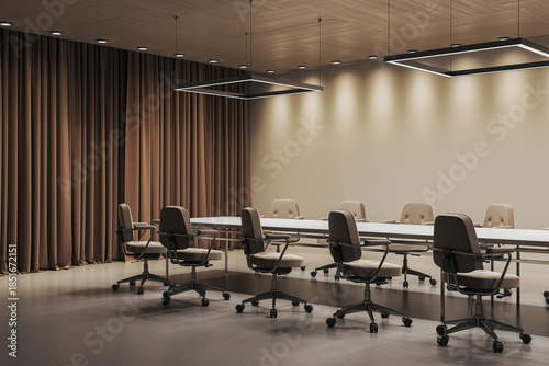 Canvas Print Modern empty conference room with beige chairs, large table, spot lighting and brown curtains in stylish corporate office interior design setup