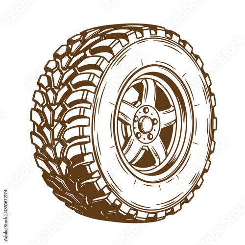 Detailed vector illustration of a sketch style off road tire and wheel design