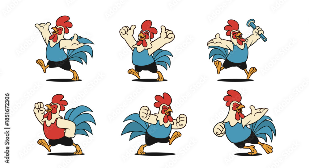 Fototapeta premium Cartoon Rooster Character Set With Various Poses And Actions.