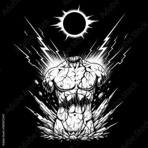 Cracked Stone Torso Emerging from Earth with Solar Eclipse Overhead.