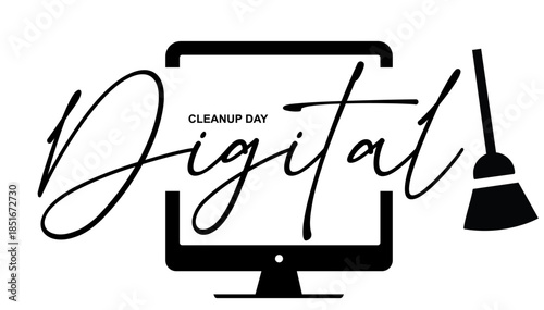Digital Cleanup Day hand lettering with computer monitor and broom icon on transparent background. Perfect for environmental awareness campaigns and digital organization events. Vector illustration