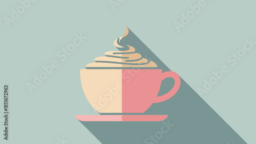 Flat Design Coffee Cup with Whipped Cream and Long Shadow, Minimalist Vector Illustration