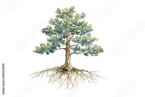 Illustration showing a tree with visible roots and leaves in a simple design set against a white background