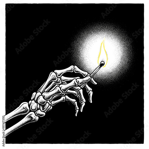 Skeleton hand holding a lit matchstick in darkness.