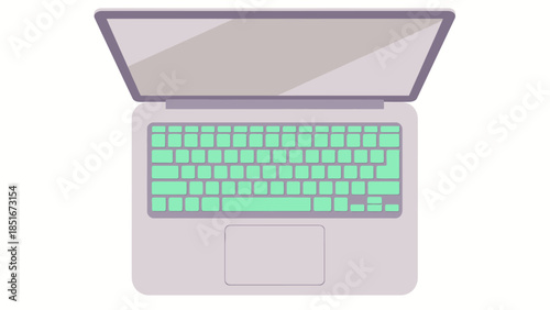 Top View of a Modern Laptop Computer with a Brightly Lit Green Keyboard and Touchpad