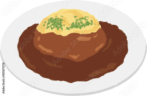 デミグラスソースがかかったオムライスの手描き風イラスト