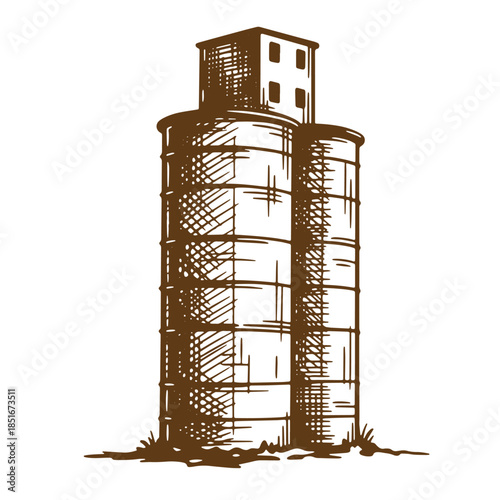 Hand drawn illustration of a vintage grain silo on a white background rural farm building