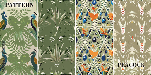 A collection of vibrant peacock and botanical inspired repeating patterns