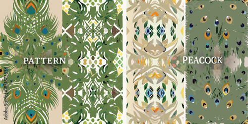 A vibrant display of repeating peacock feather patterns in various shades