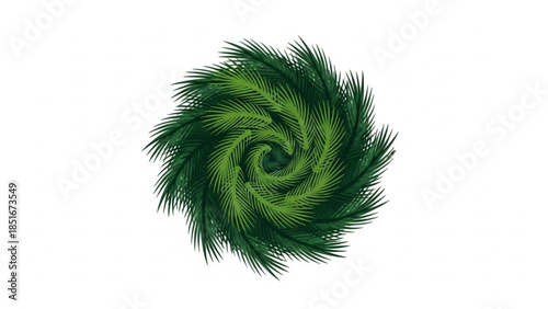 Vibrant green palm fronds swirl together in a circular pattern on a white background, tropical plant arrangement