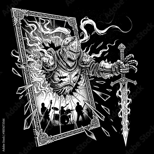 Knight emerging from a shattered mirror holding a sword.