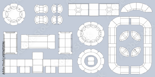 Architectural blueprint displaying various stone block shapes and arrangements in outline