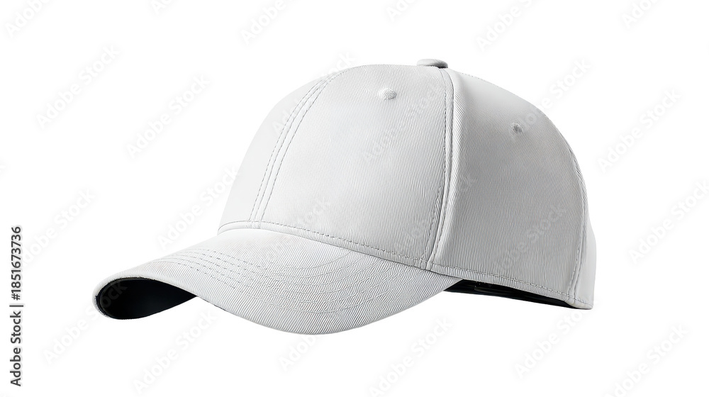 Fototapeta premium White cap on a plain background with a curved visor and stitching details