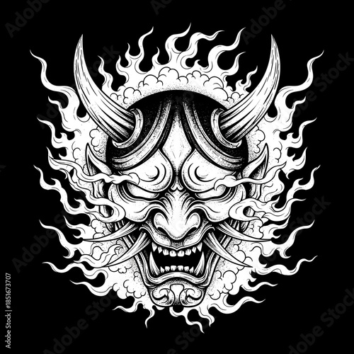 Detailed Illustration of a Fearsome Oni Mask with Fiery Aura.
