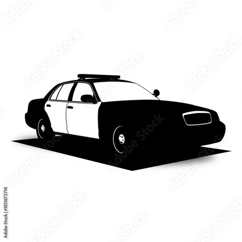 Black and white police car silhouette with light on top on isolated