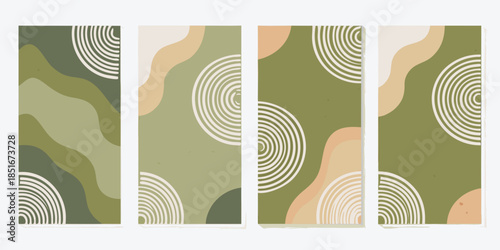 Abstract art featuring wavy shapes and concentric circles in earth tones