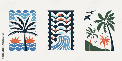 Tropical scenes featuring waves palm trees and a vibrant island aesthetic