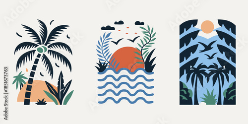 Stylized tropical landscape with palm trees sun and wave motifs