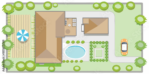 Aerial view of a house with a garden pool and surrounding landscape