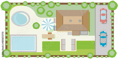 An aerial view of a house with a pool garden and driveway plan