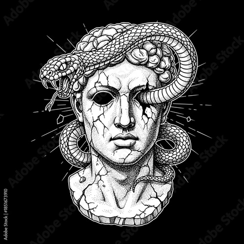 Ancient Greek Sculpture Head with Snake Entwined.
