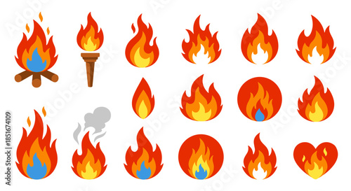 Collection of stylized flame and fire icons, representing warmth, energy, and danger in various forms