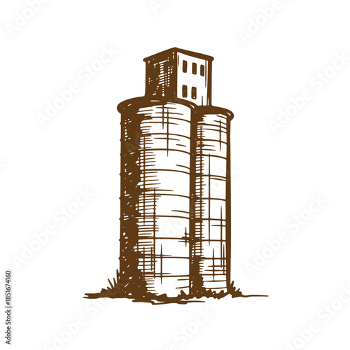 Hand drawn sketch of a vintage grain silo building in a rustic style