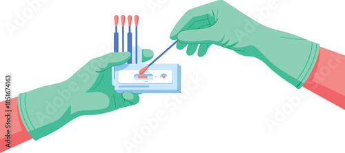 Hands in medical gloves performing rapid antigen diagnostic test using swab and cassette for virus detection isolated on white background vector